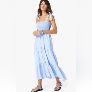 Xirena Lorraine Smocked Tiered Cotton Midi Dress Blue Cottage Prairie Summer XS